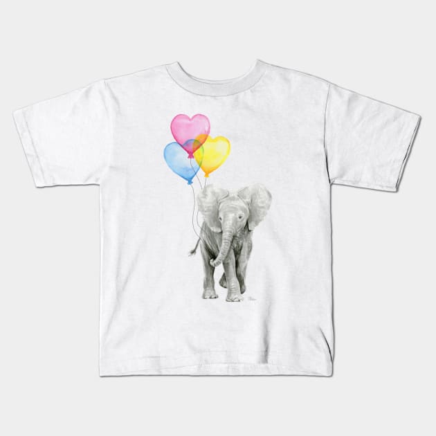 Elephant Watercolor Heart Shaped Balloons Kids T-Shirt by Olechka